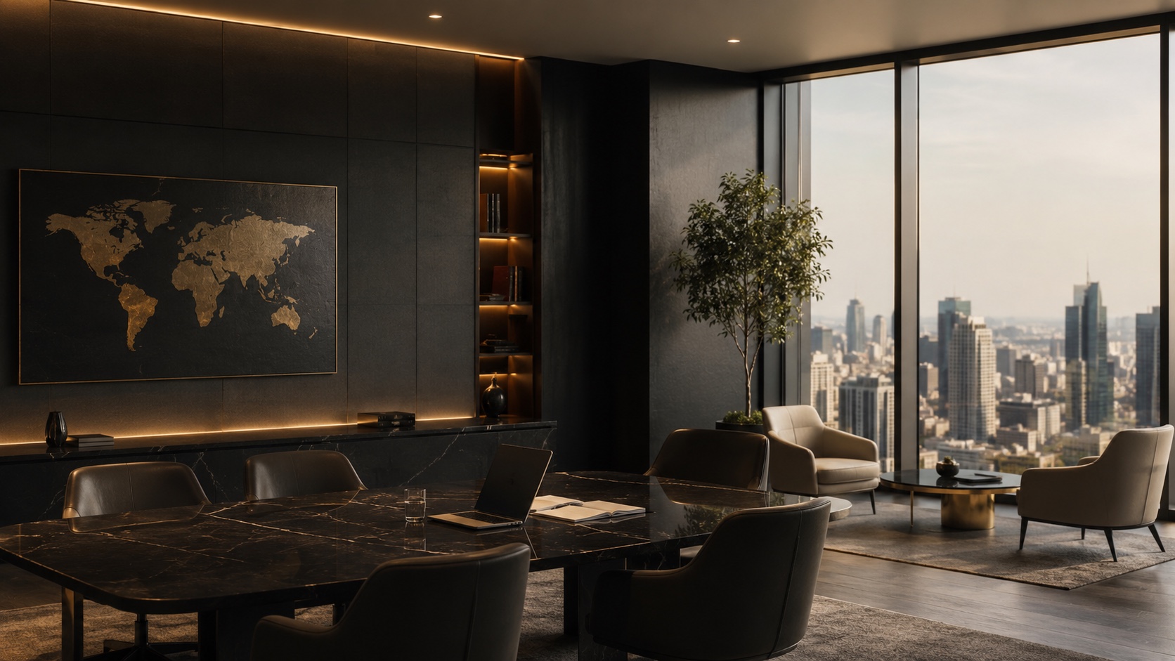 A luxury boardroom overlooking a city skyline.