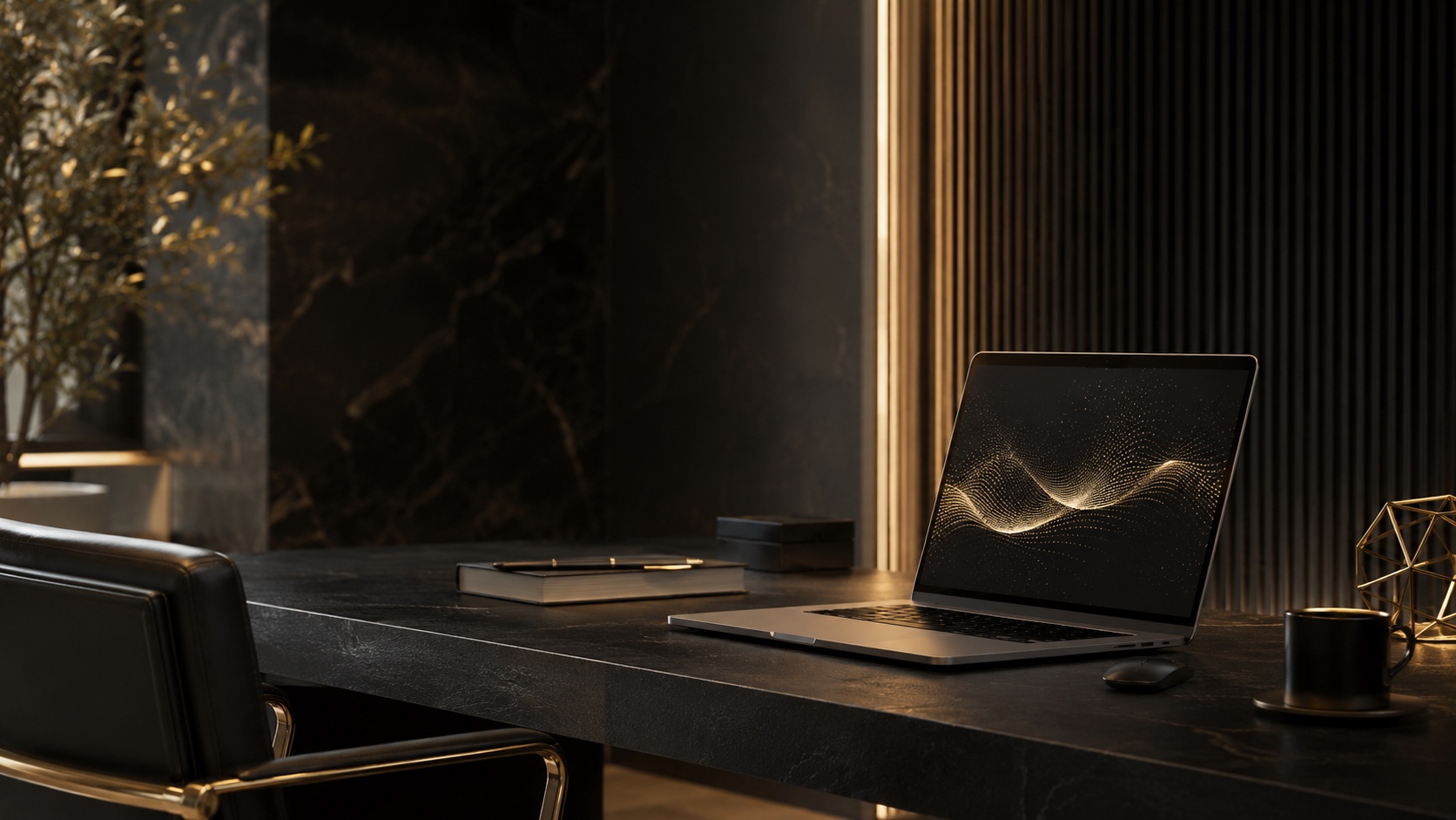 A premium desk setup with a laptop, notebook, and warm ambient lighting.