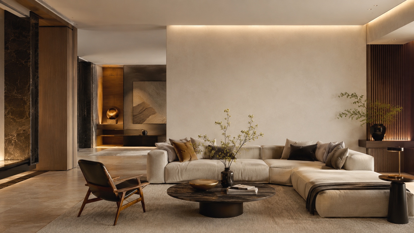 A refined interior scene with sculptural furniture and soft architectural light.