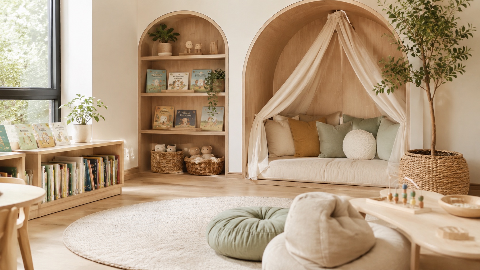A calm children's reading nook with bookshelves, soft seating, and natural light.