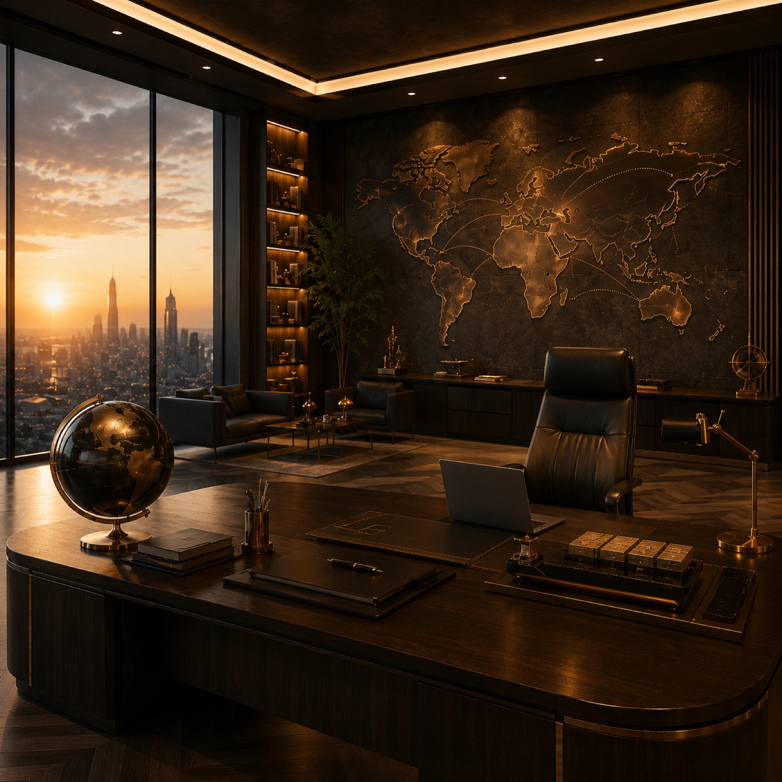 A premium executive office with a world map wall, skyline view, and refined advisory setting.