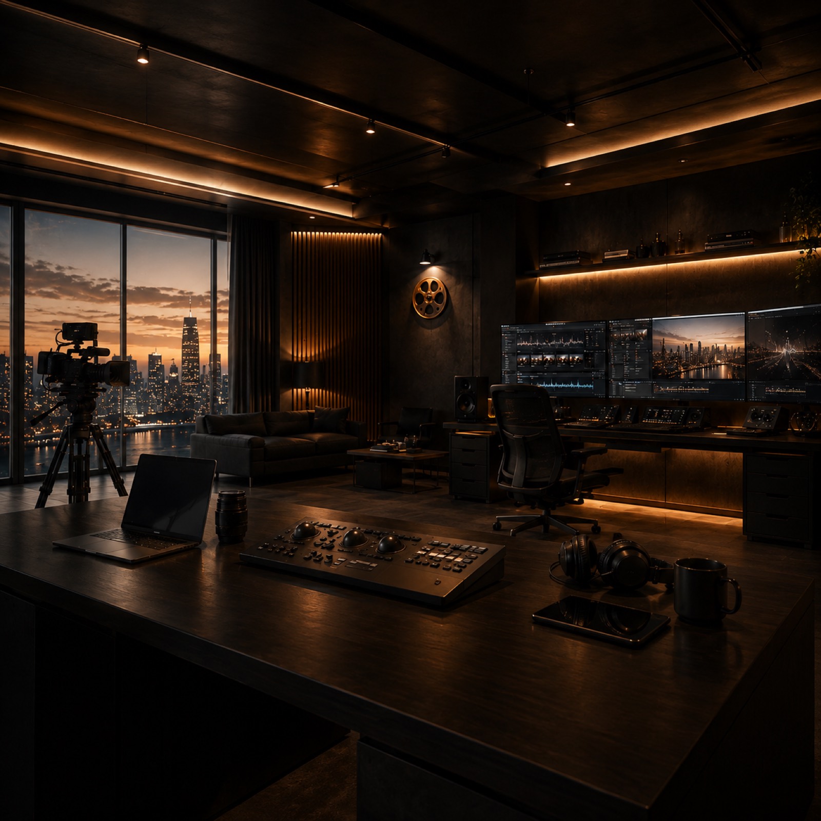A cinematic digital production studio with editing screens, camera setup, and warm technology-led ambiance.