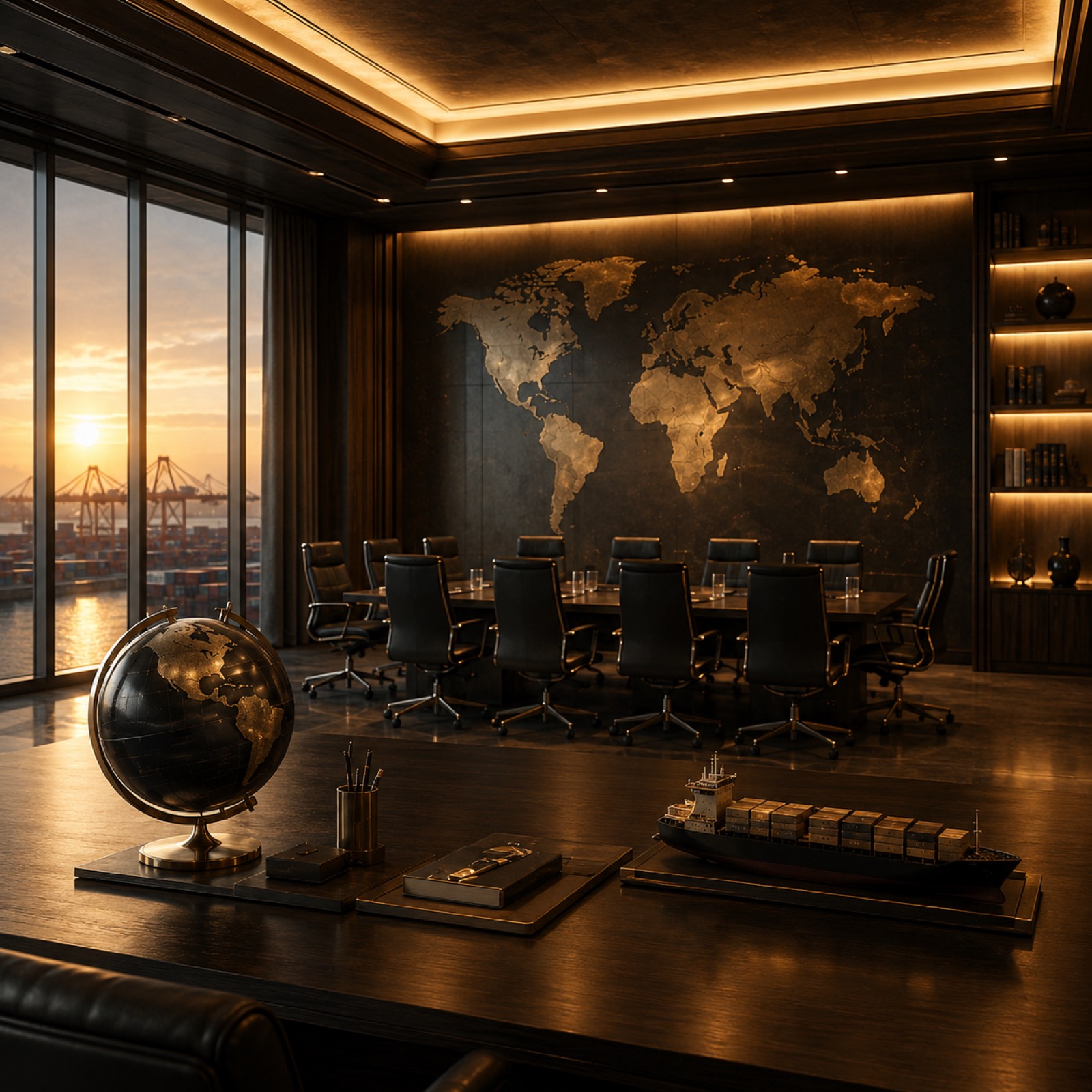 A global procurement boardroom with a world map wall, logistics model ship, and warm strategic atmosphere.