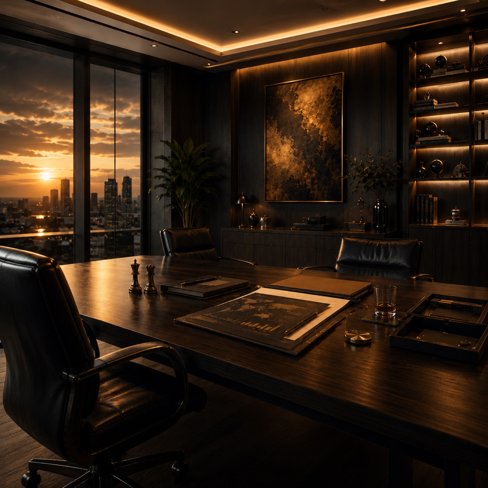 A premium executive boardroom with strategy documents, city views, and warm ambient lighting.