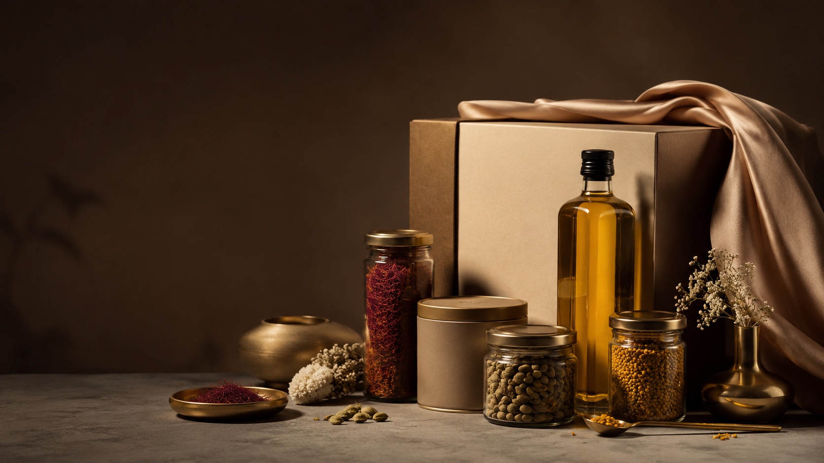 An editorial arrangement of saffron-toned packaged goods and ingredients.